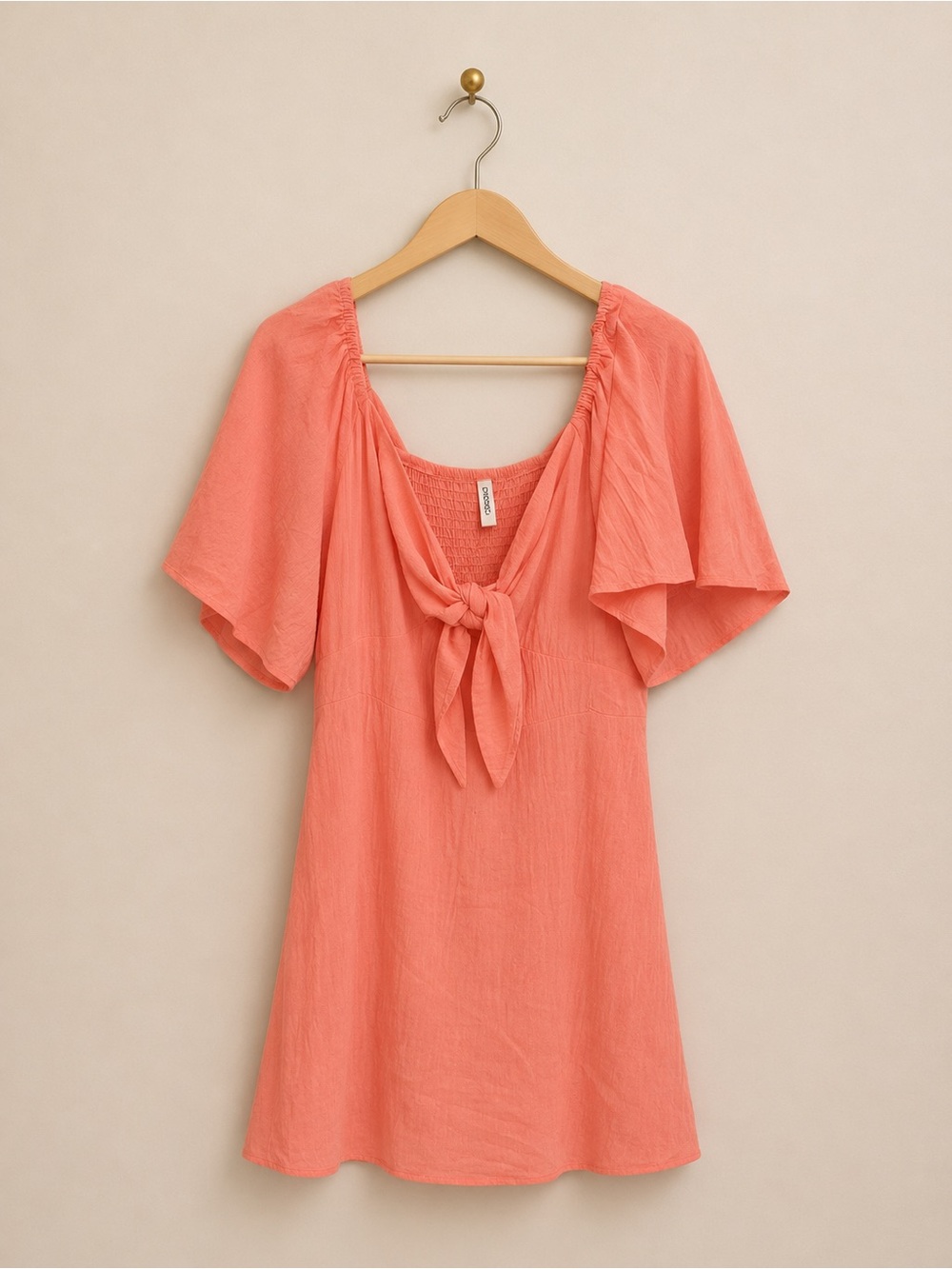 Dokotoo Coral Pink Tie Front Puff Sleeve Mini Dress L Cottagecore Boho